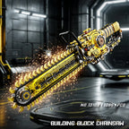 Chainsaw Building Block Set angled in an industrial scene with illustrated sparks around the model.