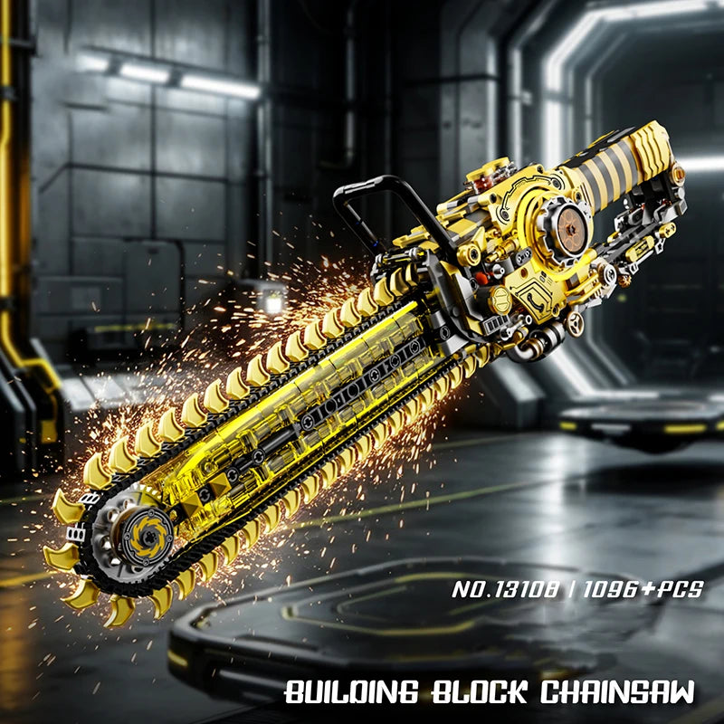 Chainsaw Building Block Set angled in an industrial scene with illustrated sparks around the model.