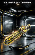 Portrait promotional image of the Chainsaw Building Block Set with illustrated sparks and 1096-piece label.