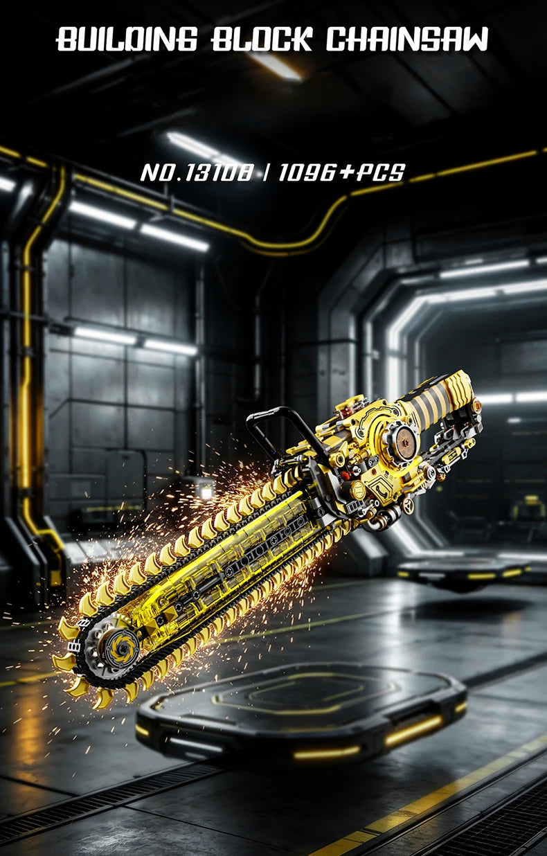 Portrait promotional image of the Chainsaw Building Block Set with illustrated sparks and 1096-piece label.