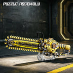 Assembled Chainsaw Building Block Set on a factory-style floor with a Puzzle Assembly heading.