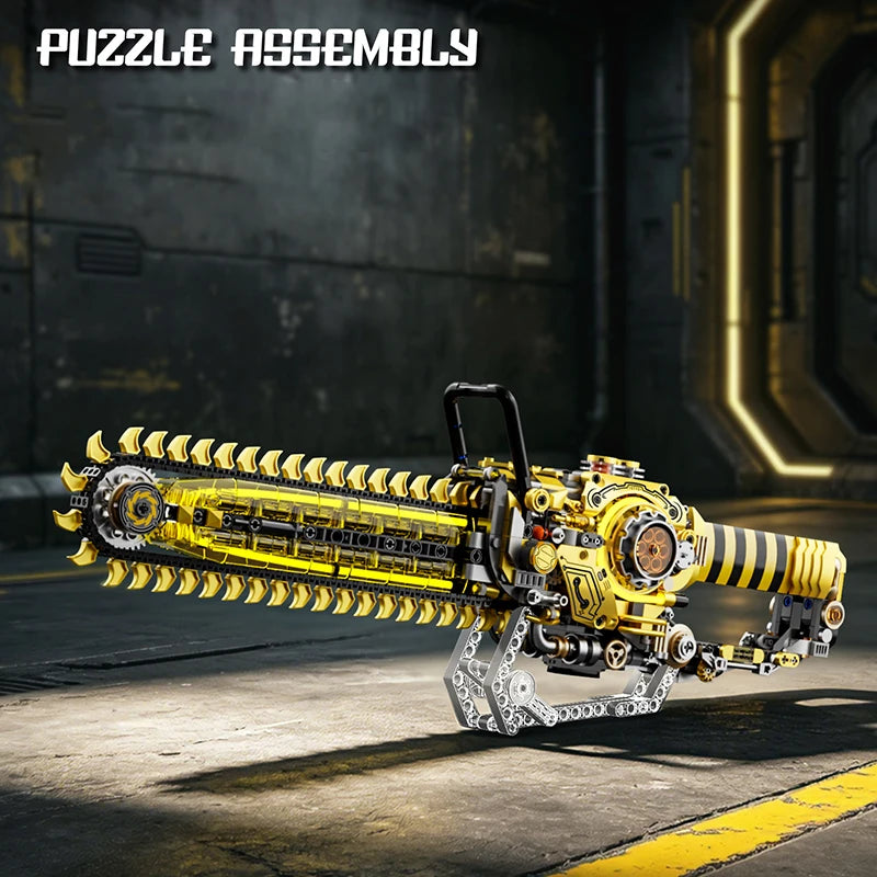 Assembled Chainsaw Building Block Set on a factory-style floor with a Puzzle Assembly heading.