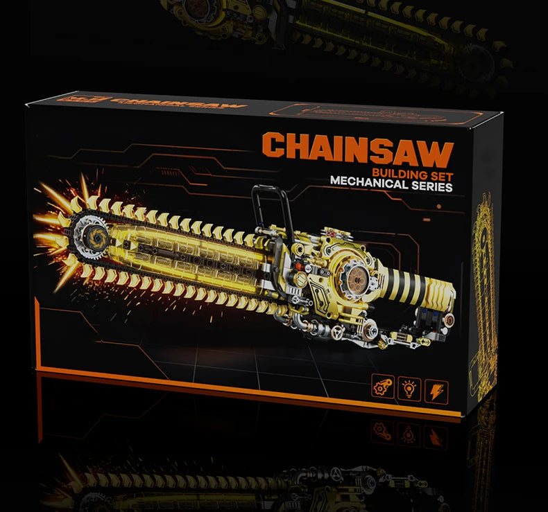 Black retail box for the Chainsaw Building Block Set with orange lettering and a picture of the model.