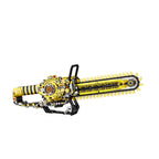 Yellow and black Chainsaw Building Block Set in side view, showing the linked chain and rear handle.
