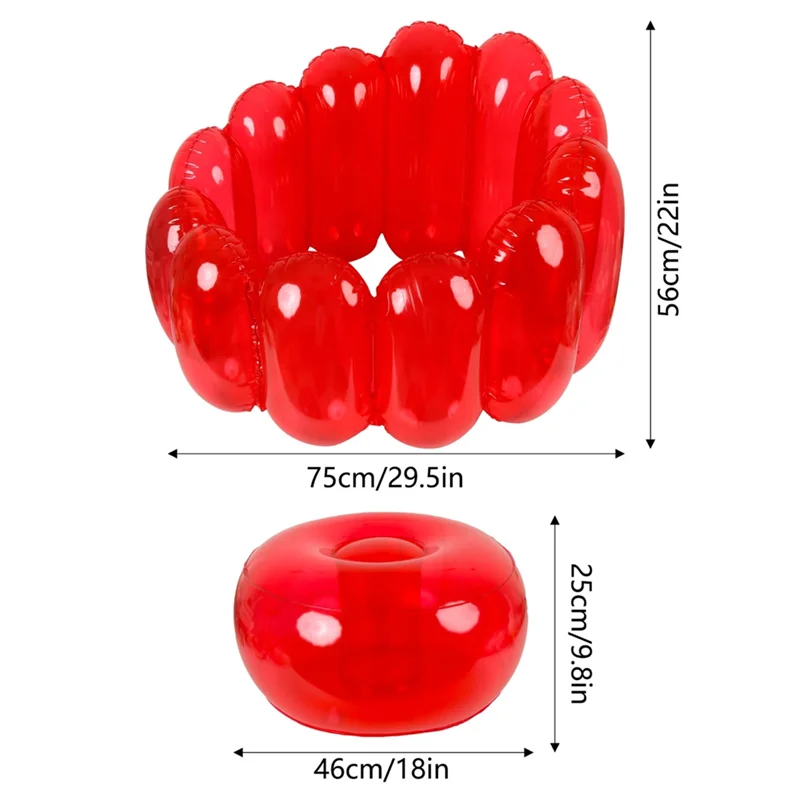 Cherry Jelly Inflatable Chair size guide showing 75 cm width, 56 cm height and separate cushion dimensions.