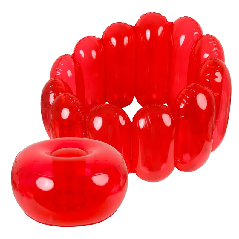 Cherry Jelly Inflatable Chair in translucent red with the round seat cushion displayed separately.