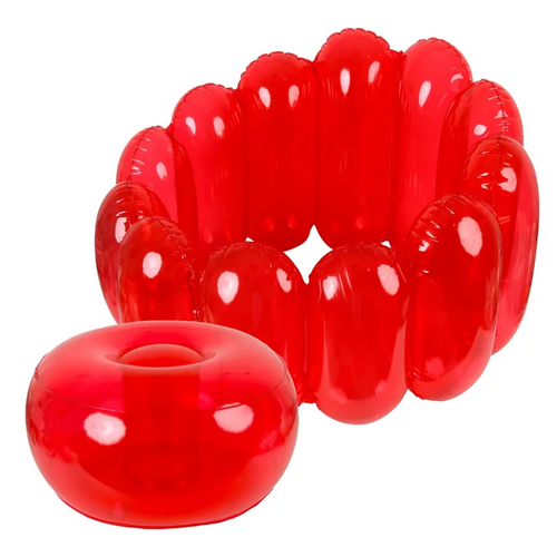 Cherry Jelly Inflatable Chair in translucent red with the round seat cushion displayed separately.