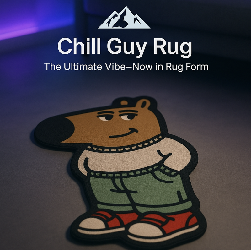 HighPeak Chill Guy Rug featuring chill meme character in green pants and red shoes on a dark floor setting
