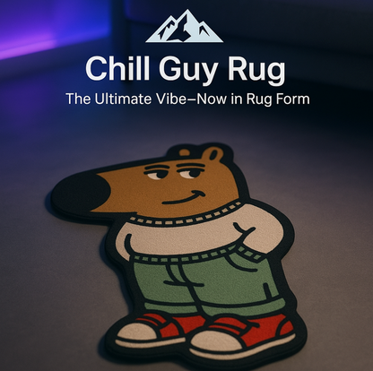 HighPeak Chill Guy Rug featuring chill meme character in green pants and red shoes on a dark floor setting