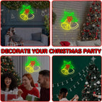 Christmas Bells Neon Sign collage showing living-room walls and holiday gatherings beside Christmas trees.