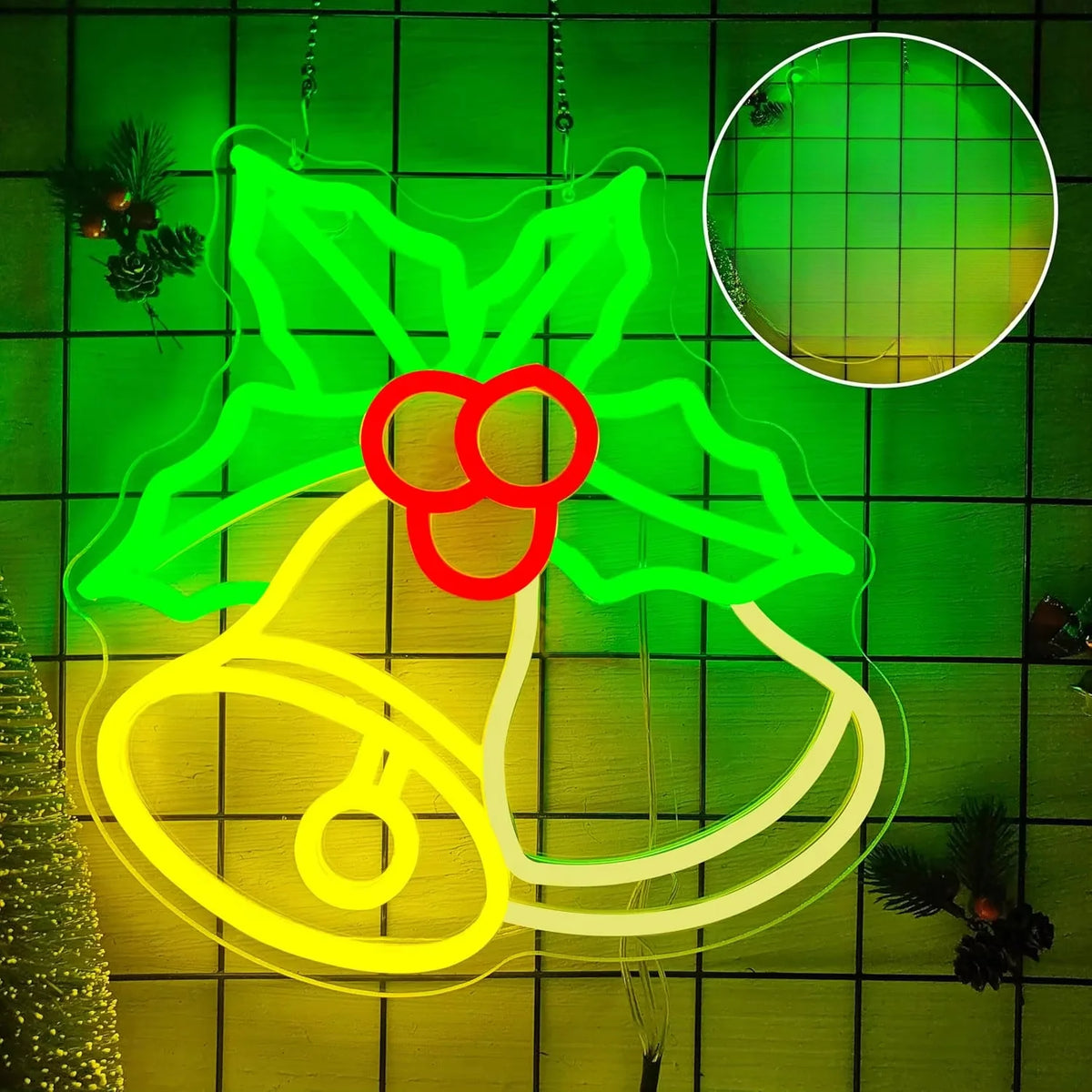 Christmas Bells Neon Sign hanging on a grid with a circular inset highlighting its clear backing.