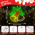 Christmas Bells Neon Sign size guide showing 31.7 by 29.5 cm, hanging hooks, dimmer, USB plug and acrylic.