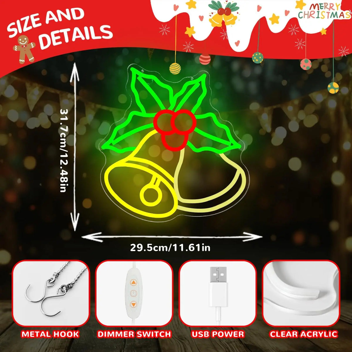 Christmas Bells Neon Sign size guide showing 31.7 by 29.5 cm, hanging hooks, dimmer, USB plug and acrylic.