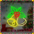 Christmas Bells Neon Sign displayed on a window with a Christmas tree and wrapped gifts in the background.