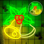 Christmas Bells Neon Sign glowing green, red and yellow on a black grid, with a smaller front-view inset.