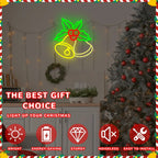 Christmas Bells Neon Sign glowing beside a decorated tree, with supplier feature icons below.