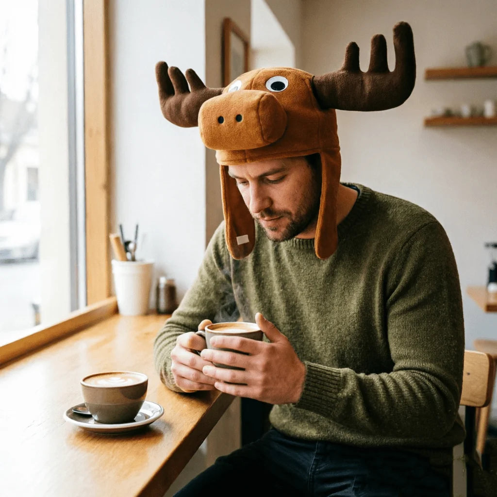 Christmas Moose Hat worn with a green sweater at a cafe table, showing the long side flaps.