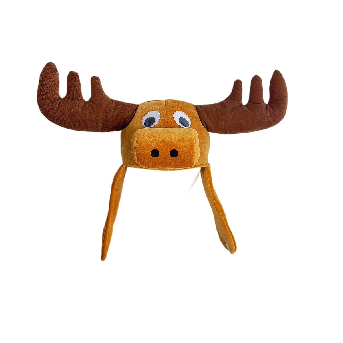Christmas Moose Hat front view with wide brown antlers, cartoon eyes, a plush snout, and hanging flaps.