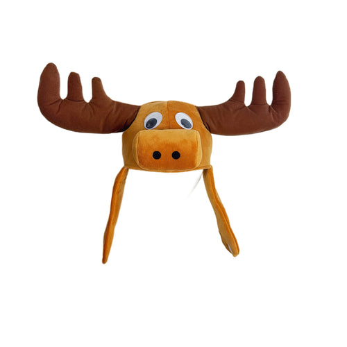 Christmas Moose Hat front view with wide brown antlers, cartoon eyes, a plush snout, and hanging flaps.