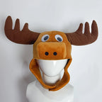 Christmas Moose Hat displayed on a white mannequin, showing the antlers, snout, and joined chin flaps.