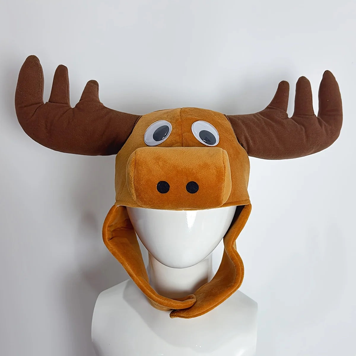 Christmas Moose Hat displayed on a white mannequin, showing the antlers, snout, and joined chin flaps.