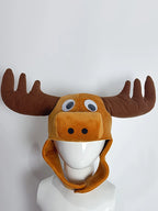 Christmas Moose Hat in a portrait view on a white mannequin against a pale background.