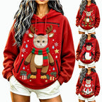 Reindeer Christmas hoodie worn with a cat in the pouch beside snowman and penguin style comparisons.