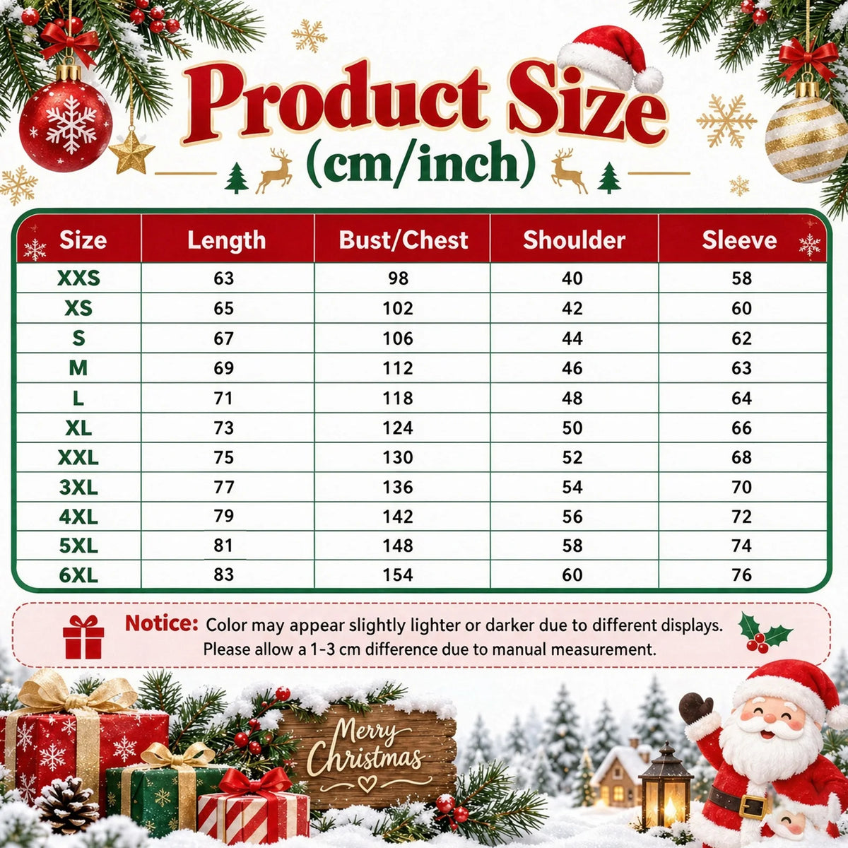 Festive supplier hoodie size chart showing chest, shoulder, sleeve, and length measurements in centimeters.