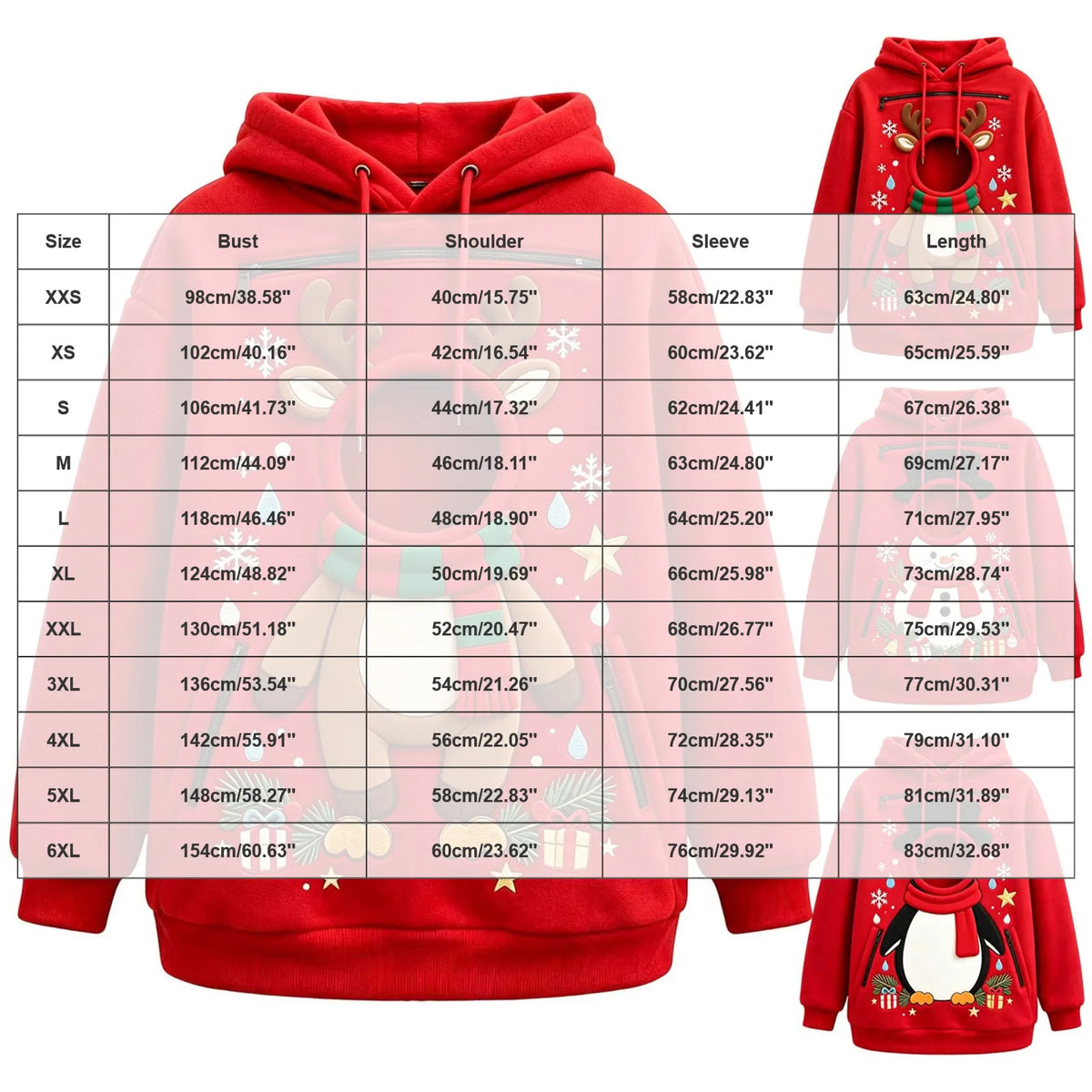 Supplier Christmas hoodie size guide with garment measurements in inches and centimeters over a hoodie collage.