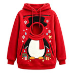 Red Christmas Pet Carrier Hoodie with a penguin print, black hat detail, and round front pet opening.