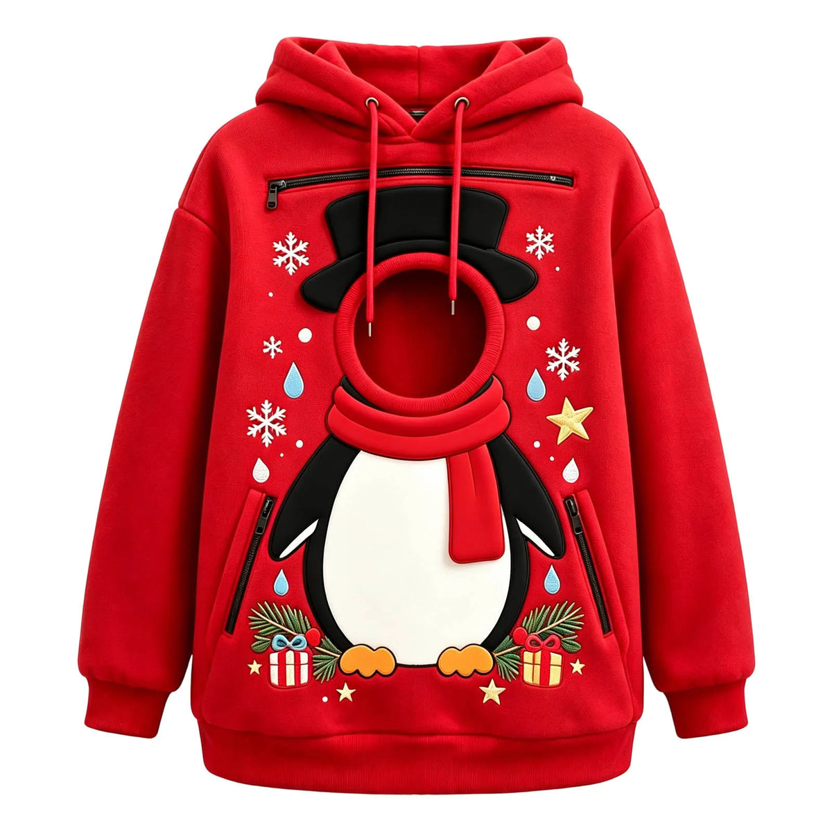 Red Christmas Pet Carrier Hoodie with a penguin print, black hat detail, and round front pet opening.