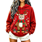 Model wearing a red reindeer Christmas Pet Carrier Hoodie with a cat peeking through the front pouch opening.
