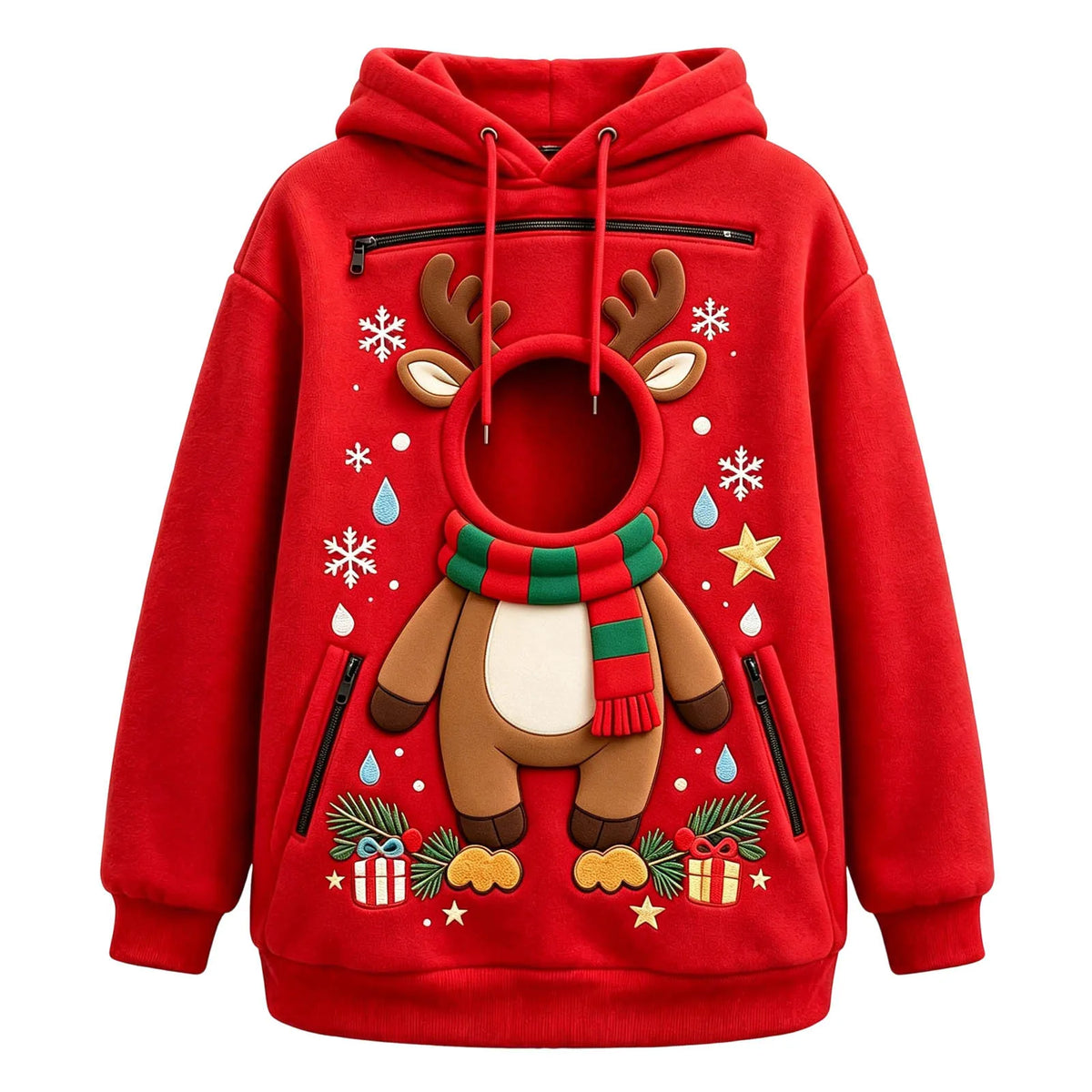 Reindeer Christmas Pet Carrier Hoodie in red with printed antlers and a green-and-red scarf design.