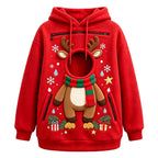 Reindeer pet pouch hoodie showing the circular opening between printed antlers and a festive scarf.