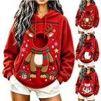 Model wearing the red reindeer Christmas hoodie beside smaller views of all three holiday designs.