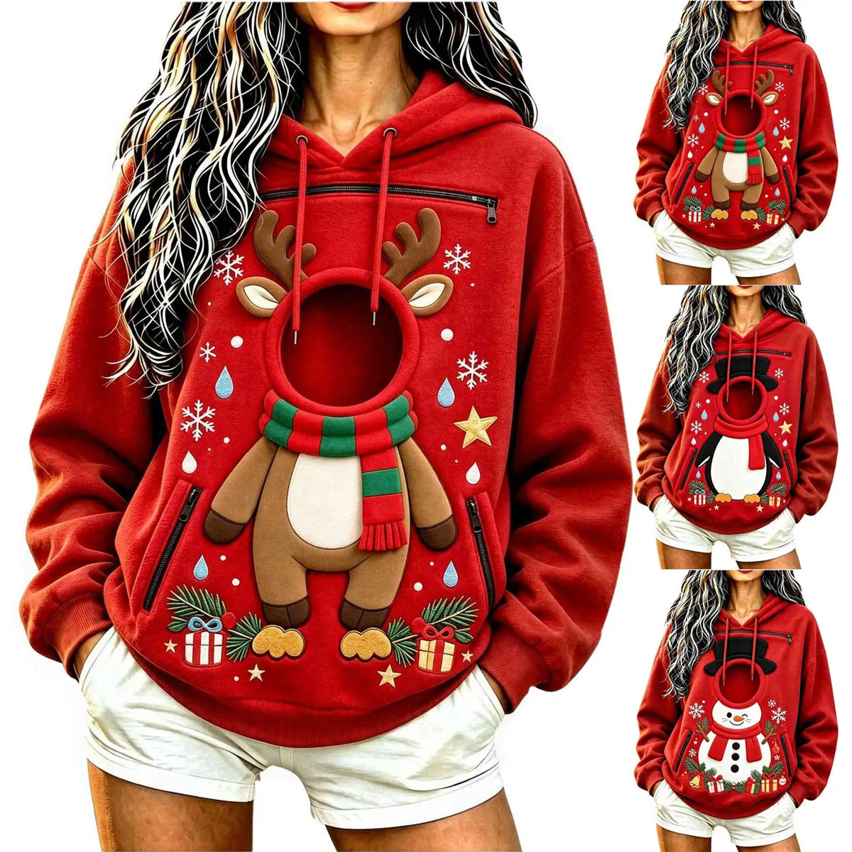 Model wearing the red reindeer Christmas hoodie beside smaller views of all three holiday designs.