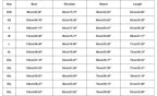 Garment size chart listing chest, shoulder, sleeve, and length measurements in inches and centimeters.