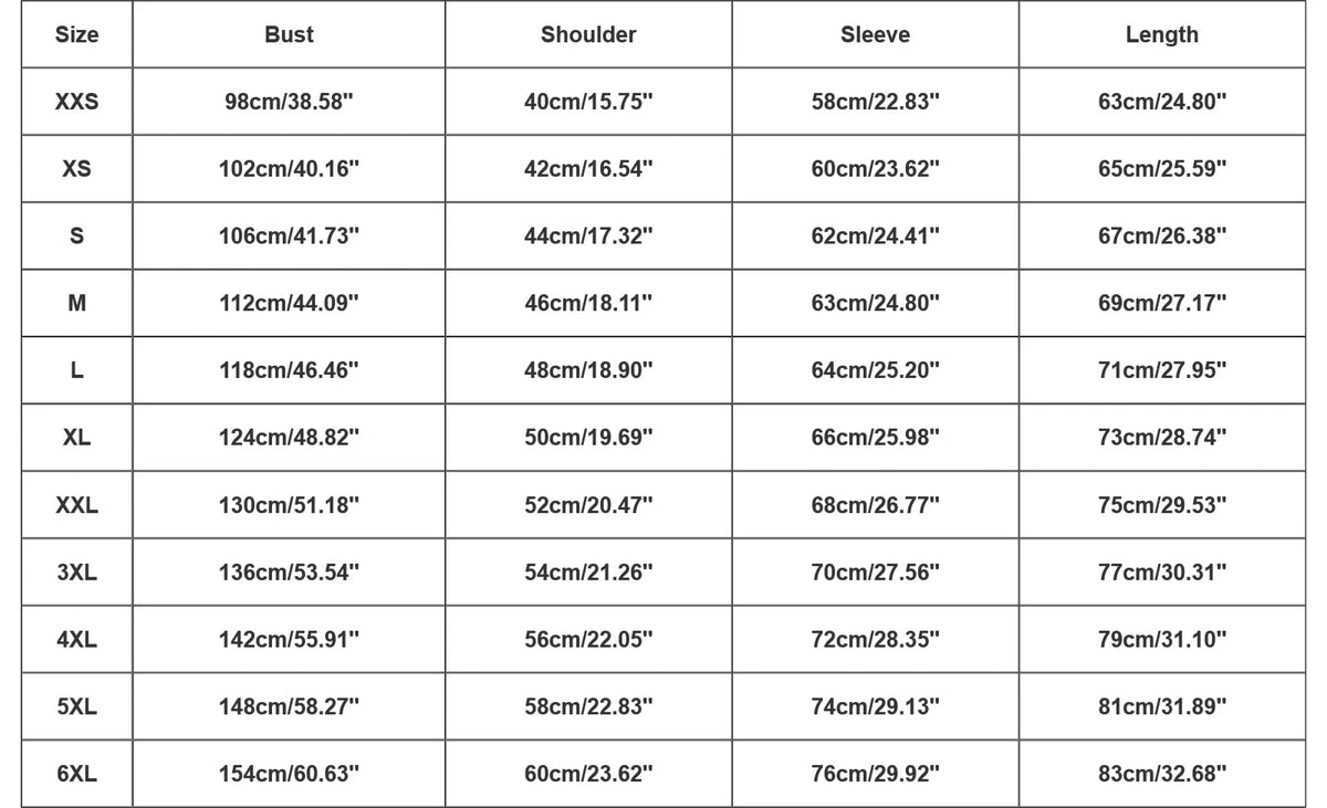 Garment size chart listing chest, shoulder, sleeve, and length measurements in inches and centimeters.