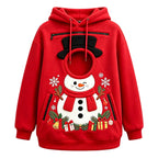 Christmas Pet Carrier Hoodie in red with a snowman print, round pet opening, hood, and zippered pockets.
