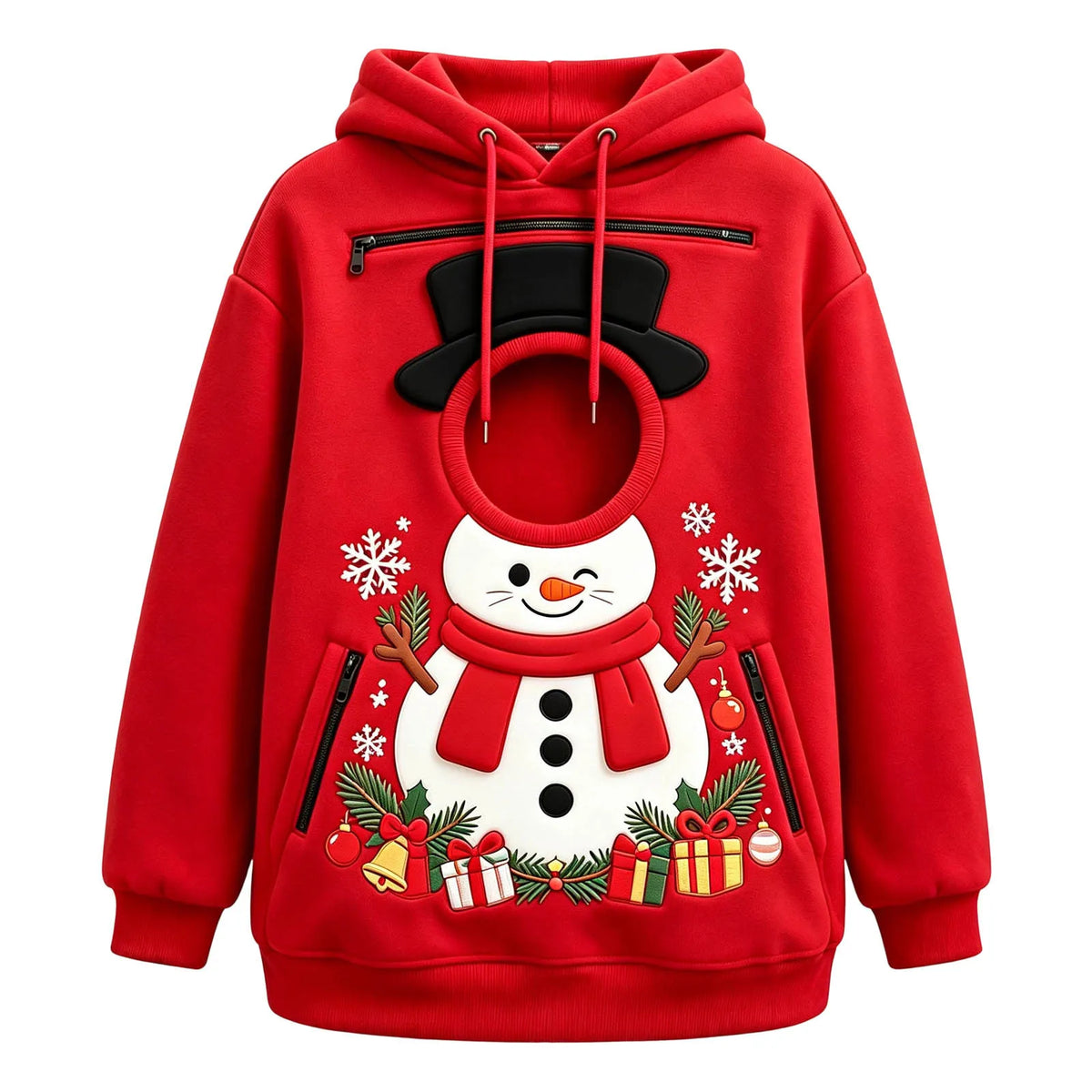 Christmas Pet Carrier Hoodie in red with a snowman print, round pet opening, hood, and zippered pockets.