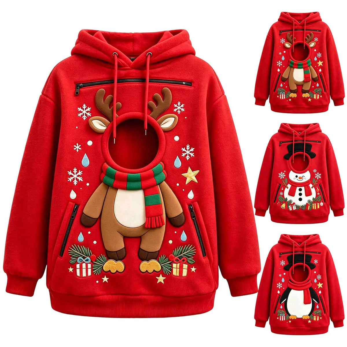 Red reindeer pet carrier hoodie beside thumbnail views of the reindeer, snowman, and penguin designs.