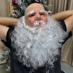 Christmas Santa Mask worn without a hat, showing the white beard with arms raised behind the head.
