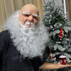 Christmas Santa Mask worn beside a decorated Christmas tree, with a red ornament resting on an open palm.