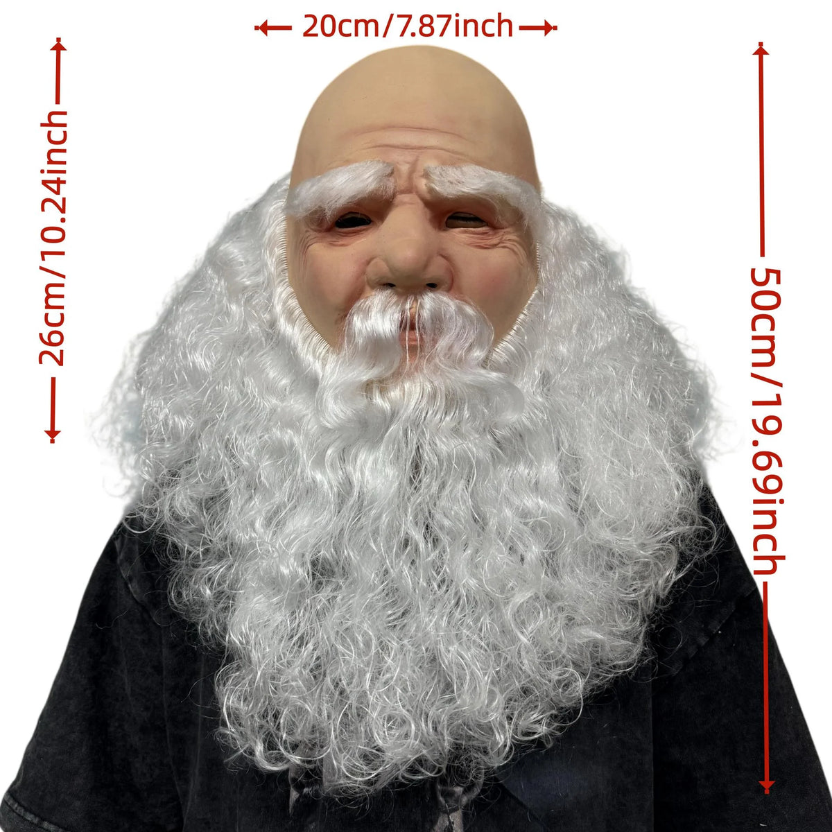 Christmas Santa Mask size guide showing 20 cm width, 26 cm mask height and 50 cm length with beard.