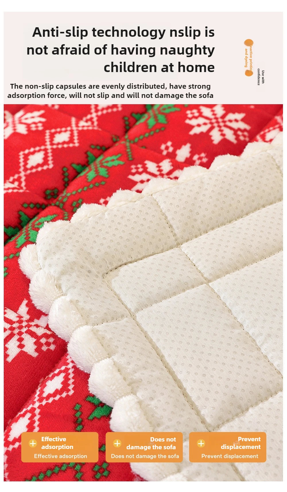 Christmas Sofa Pad Cover underside detail showing the textured anti-slip backing beneath the quilted pad