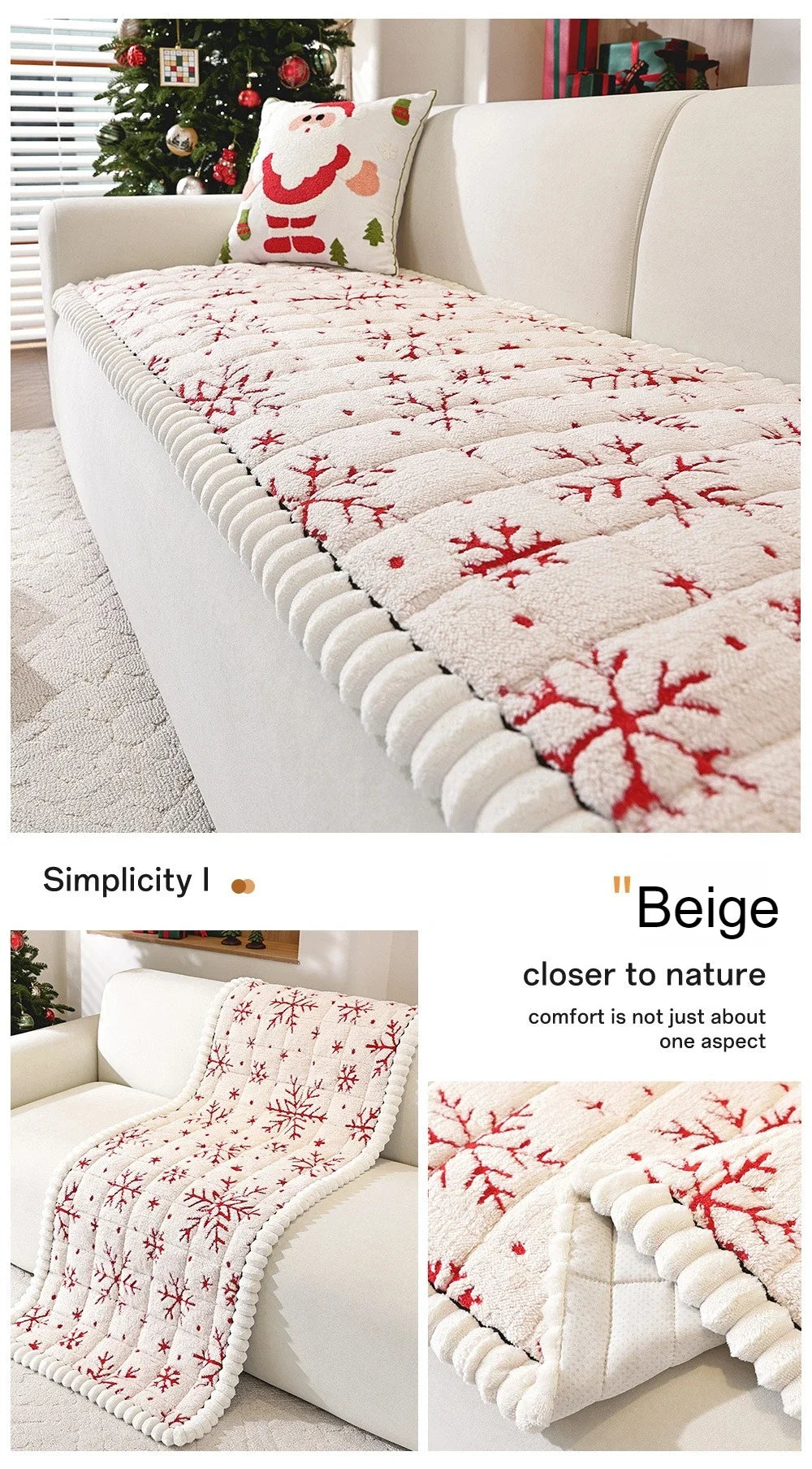 Christmas Sofa Pad Cover creamy white variant overview showing full-sofa, armchair, and detail views