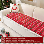 Christmas Sofa Pad Cover in red covering a full sofa seat with holiday gifts and washable-care callouts