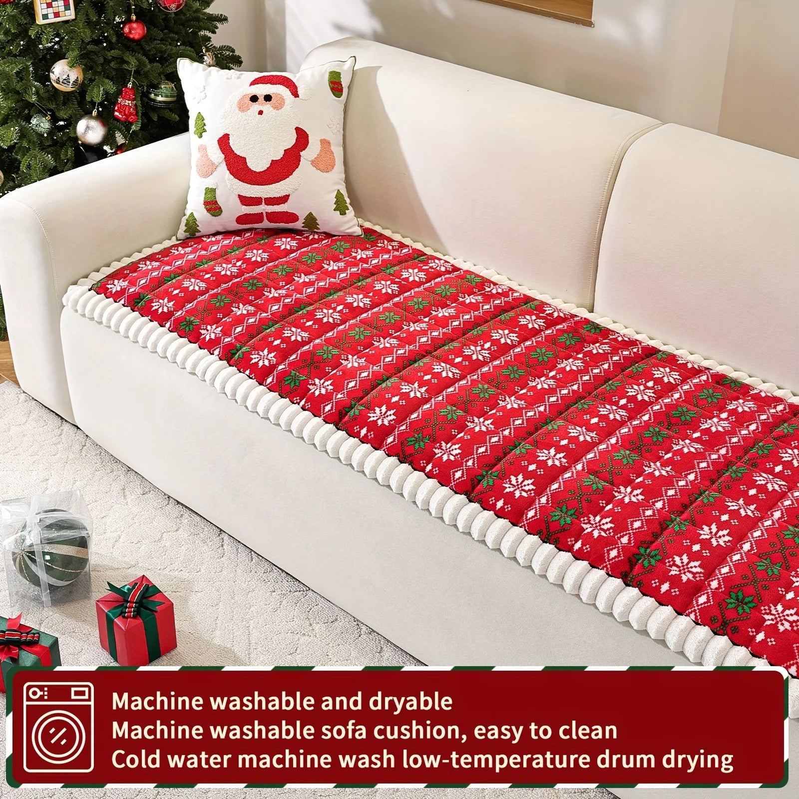 Christmas Sofa Pad Cover in red covering a full sofa seat with holiday gifts and washable-care callouts