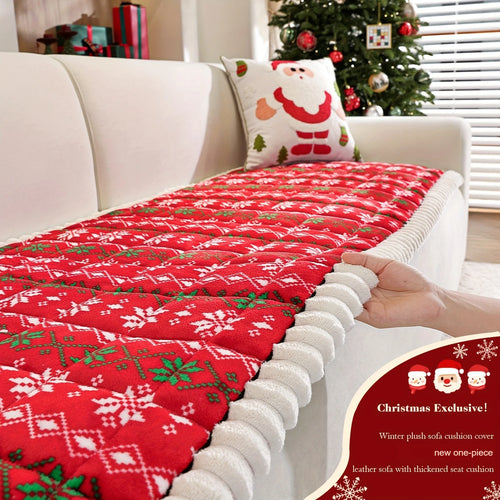 Christmas Sofa Pad Cover red quilted snowflake pattern shown close up while being positioned on a sofa
