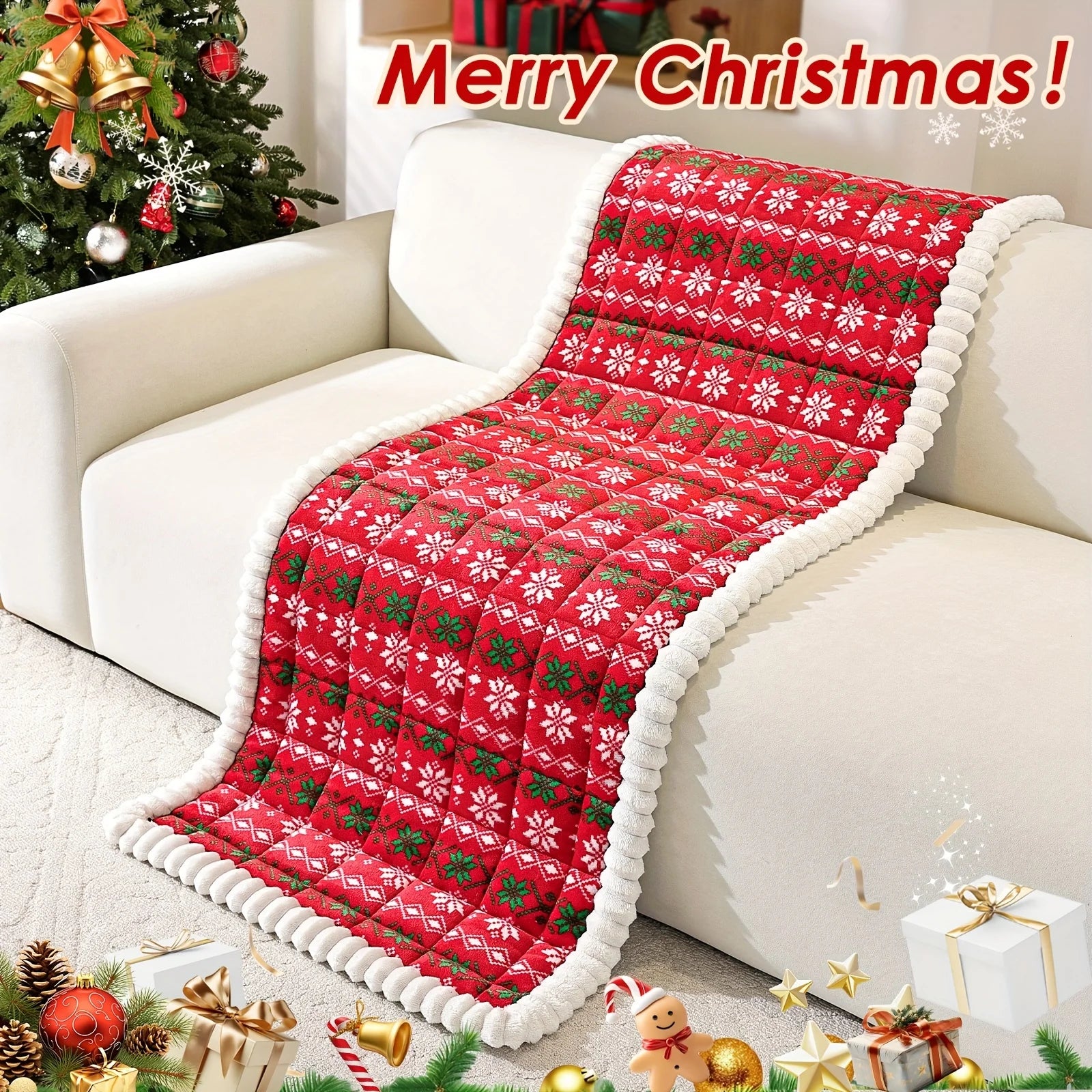 Christmas Sofa Pad Cover draped over a sofa seat and backrest in a festive living room display